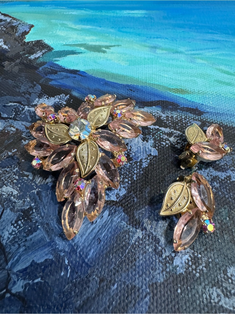 Vintage Pink Crystal Leaf Cluster Brooch and Clip-On Earrings